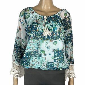 Beautees Blue and Green Floral Blouse laced Wrist